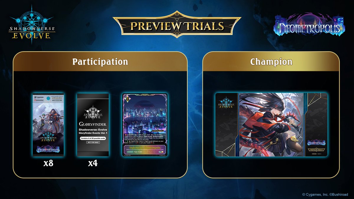 svevolve_en's tweet photo. Keep a look out for the Neometropolis Preview Trials!

Official Bushiroad stores will run tournaments that offer a sneak peek at the upcoming booster set! Take part as a group of 4, and get 16 Gloryfinder packs, 32 Neometropolis packs, promos and more!

🔗 https://t.co/9M6tBjBp0r

#Shadowverse #ShadowverseEvolve