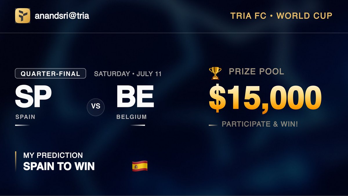 anandgowtham's tweet photo. My World Cup card is live on @useTria 🔥 Backing 🇪🇸 Spain TO WIN vs Belgium.

I'm racing for a $15K prize pool on Tria - every pick, swipe &amp; trade scores. Think you can read the World Cup better than me? 👇 #TriaFC
https://t.co/1RsbguWuNz https://t.co/Lh7aXwZFUX