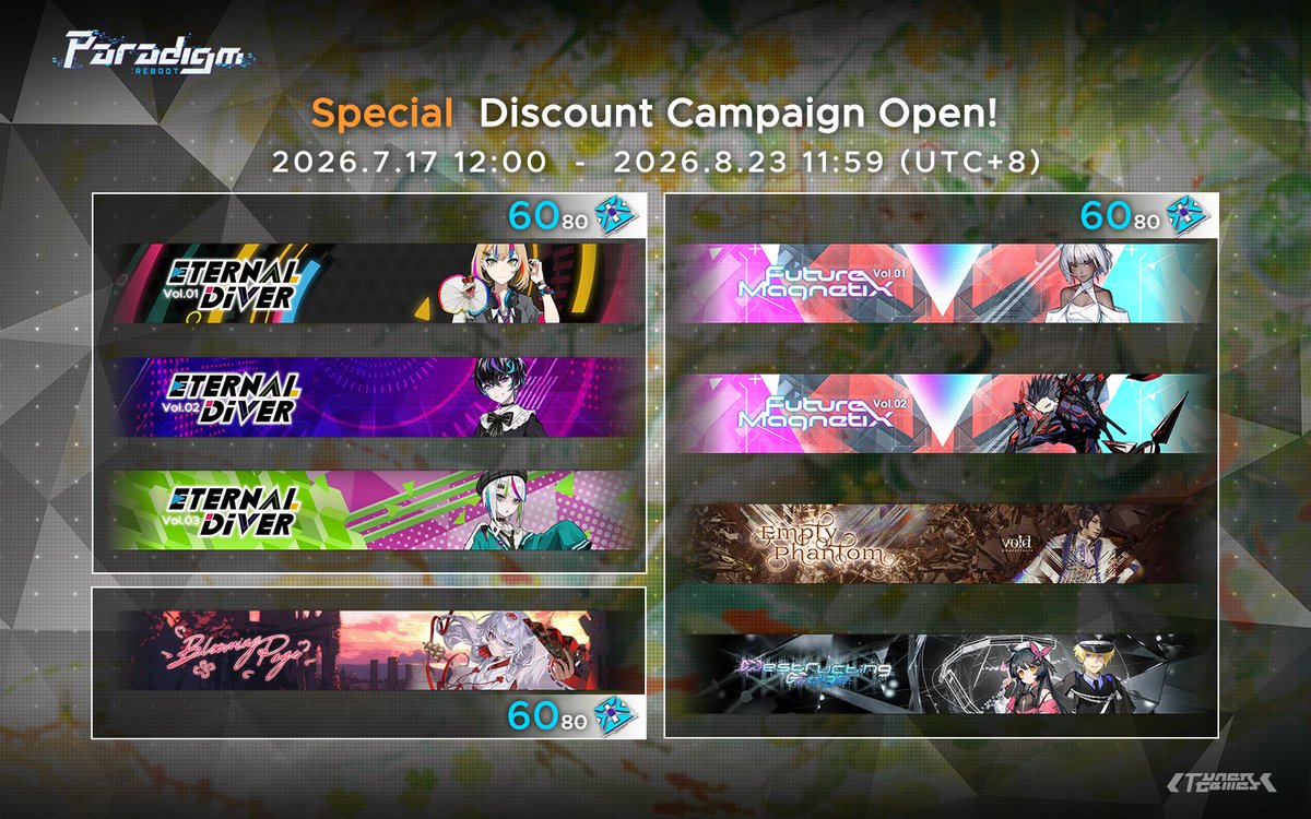 ParadigmReboot's tweet photo. [Special Discount Campaign Open!]

With the summer heat in full swing, it’s perfect time for discounts!
From July 17th after update ~ August 23rd 11:59 (UTC+8), limited-time discounts will be available on various in-game paid contents!

Check out the image below for more details!

#ParadigmReboot