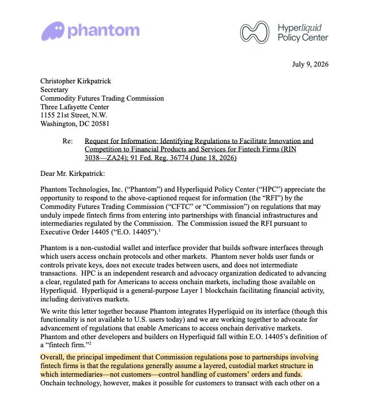 CryptosR_Us's tweet photo. 🚨 PHANTOM AND HYPERLIQUID JUST SENT A MESSAGE TO THE 🇺🇸CFTC

Stop forcing DeFi into broker rules built for Wall Street middlemen.

Their joint letter argues blockchain developers and non-custodial wallets should not be regulated like traditional intermediaries.

DeFi needs rules that understand how DeFi actually works.