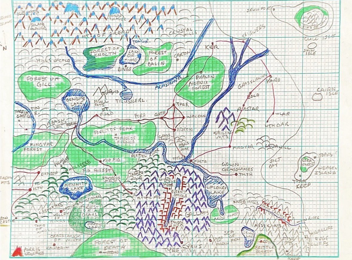BugbearBrothers's tweet photo. Another find from under the stairs. A map from 1985 drawn by my first DM when he was 13. Every town, village and city was populated and had its own rulers industry and religion. The amount of work put into this is amazing. All those hours in study hall paid off! Someday I’d like to compile everything he did and put it up as a free release.