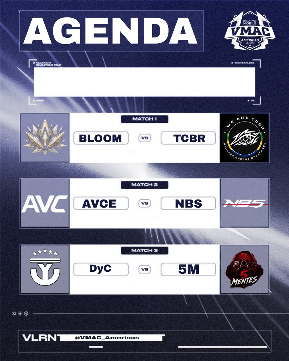 VMAC_Americas's tweet photo. Enfrentamientos de la primera etapa del torneo
- Los horarios se darán vía discord
#Valorant #VMAC https://t.co/wYl2bJe7SX