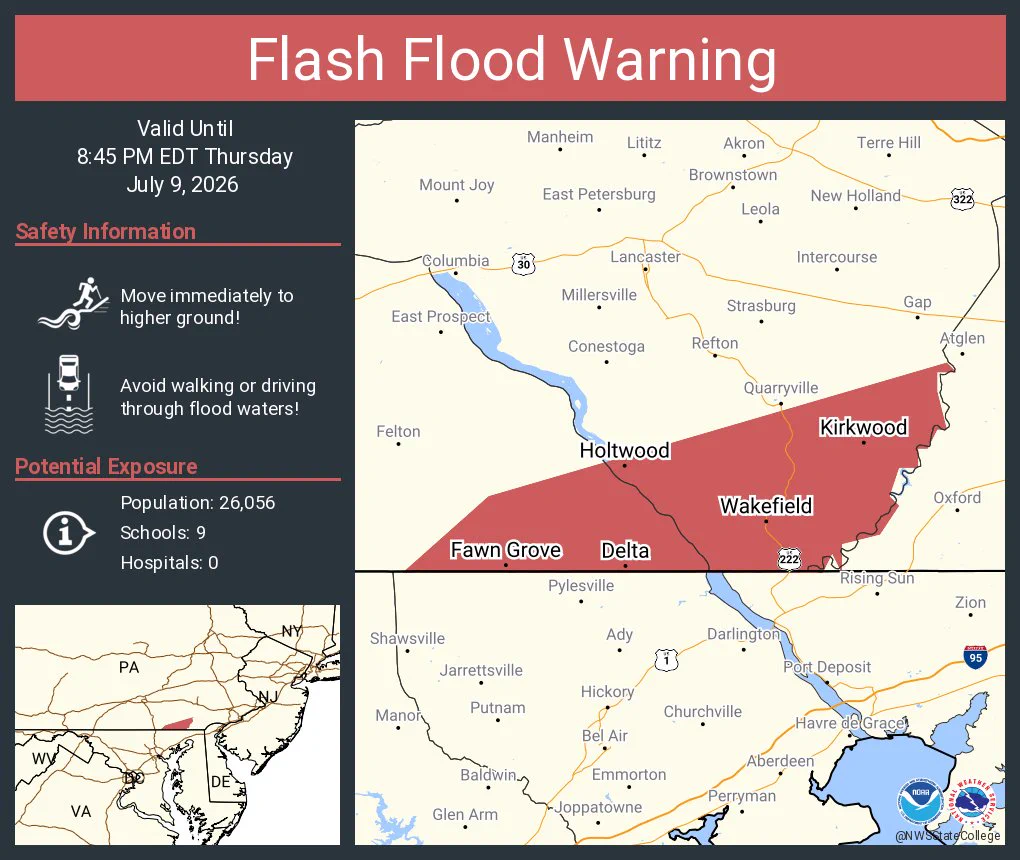This graphic displays a flash flood warning plotted on a map. The warning is in effect until 8:45 PM EDT. The warning includes Delta PA, Wakefield PA and Fawn Grove PA.  This warning is for Southeastern Lancaster County in south central Pennsylvania and Southeastern York County in south central Pennsylvania. Avoid walking or driving through flood waters! Move immediately to higher ground! There are 26,056 people in the warning along with 9 schools and 0 hospitals.