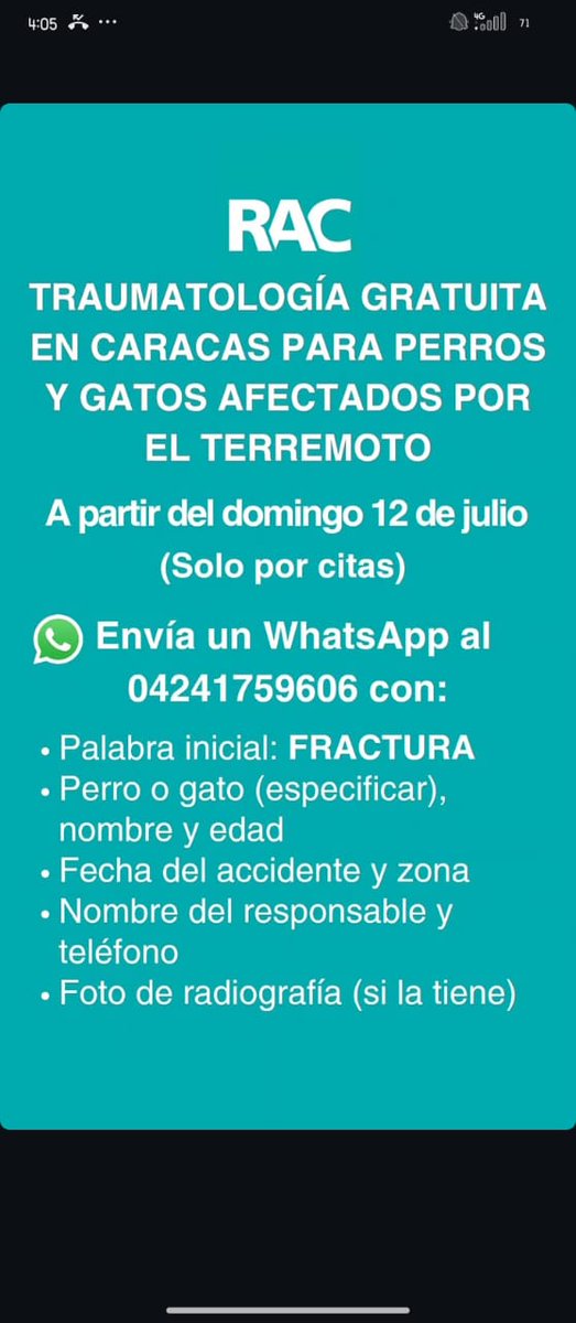 apoyocanino's tweet photo. Desde el domingo 12 de julio 

👇 Para cita, enviar WhatsApp al 04241759606 indicando 

- FRACTURA (Palabra inicial)
- Nombre del animal 
- Perro o gato (especificar)
- Edad
- Foto de radiografía (si la tiene)
- Fecha del accidente
-Responsable
- Zona donde está 
- Contacto https://t.co/QWQ9U1ENjL