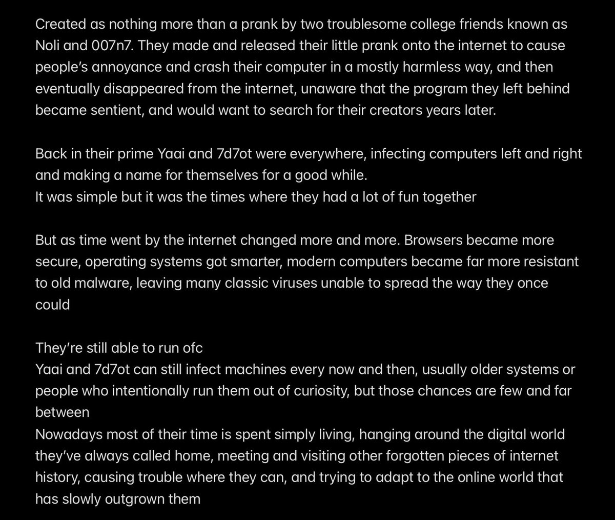 voidrabbits's tweet photo. Fantastic ok ig here’s the lore drop

Also for the longest time i decided to name idiot 007n7 as “7d7ot” mostly for the sake of simplicity but that’s the name i’ll be using when referring to them and you’ll see it a lot here so yea thought I’ll clarify :J https://t.co/BEO0yBTeRG