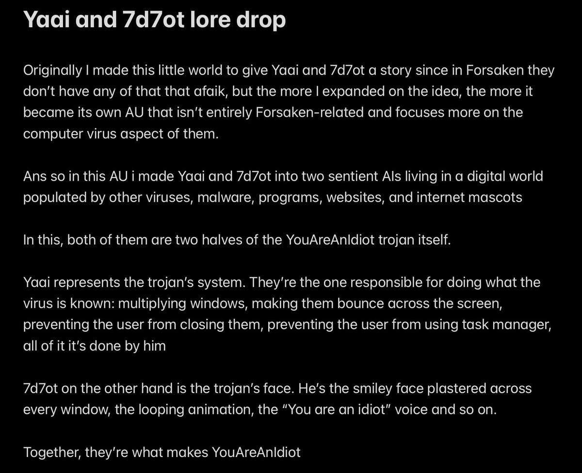 voidrabbits's tweet photo. Fantastic ok ig here’s the lore drop

Also for the longest time i decided to name idiot 007n7 as “7d7ot” mostly for the sake of simplicity but that’s the name i’ll be using when referring to them and you’ll see it a lot here so yea thought I’ll clarify :J https://t.co/BEO0yBTeRG