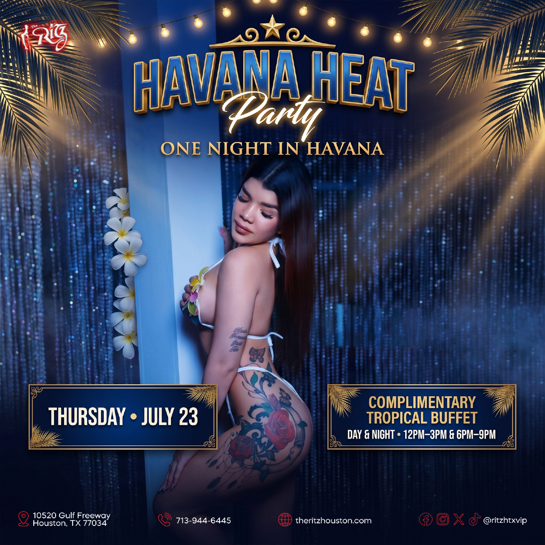 ritzhtxvip's tweet photo. One Night in Havana 🌴🔥 Havana Heat Party at The Ritz July 23rd 😏🫦 Complimentary tropical buffet 12pm to 3pm AND 6pm to 9pm 🍽️🌺 You free? You are now 👑
#TheRitzHouston #HavanaHeatParty #HTXNights https://t.co/xxDgYoFE7g