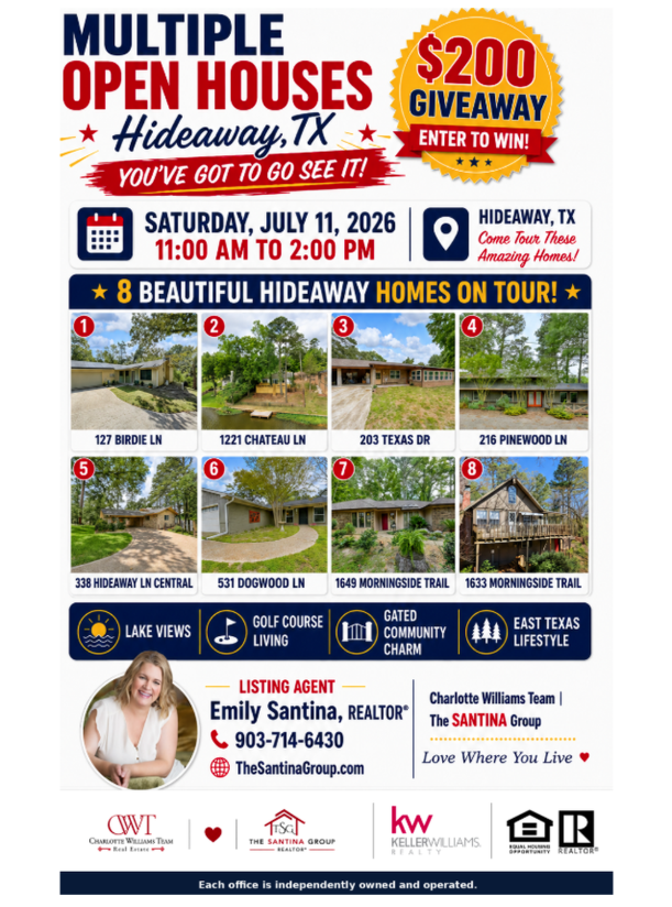 mlebusyb's tweet photo. 🔥 REMINDER - MUST-SEE OPEN HOUSE TOUR | Hideaway, TX 🔥
This Saturday, 8 beautiful Hideaway homes are open for tour — and this is one you don’t want to miss! 🏡✨
📍 Hideaway, Texas
📅 Saturday, July 11, 2026
⏰ 11:00 AM – 2:00 PM
🎉 $200 Giveaway — Enter to Win!
903-714-6430 https://t.co/AyuIIR4jIQ
