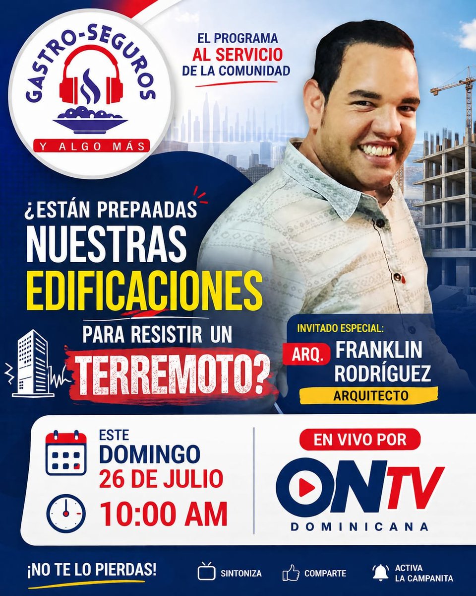 El_RubioRD's tweet photo. 🏢 ¿Está la República Dominicana realmente lista para enfrentar un sismo de gran magnitud? 

🗓️ El domingo 26 de julio⏰ 10:00 AM📺 En vivo por ONTV Dominicana¡ Una conversación crucial que no te puedes perder! Sintoniza, comparte y activa las notificaciones.🎙️🏗️ https://t.co/afYS7RPwVs