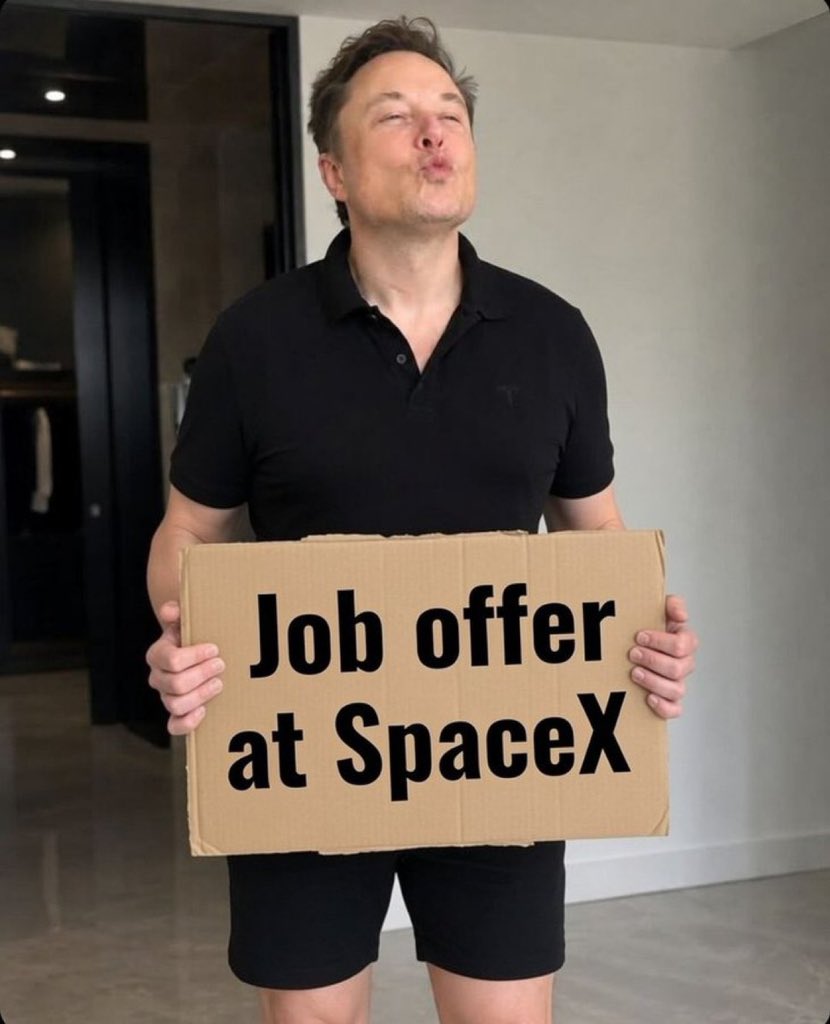rre5vee's tweet photo. Be honest 🔥🚀

Elon offers you a job at SpaceX with insane pay. You accept?

A) Where do I sign? ✍️
B) Only if I get to meet him
C) I love my current job
D) Can I bring my pet? https://t.co/z0BUfstlLt