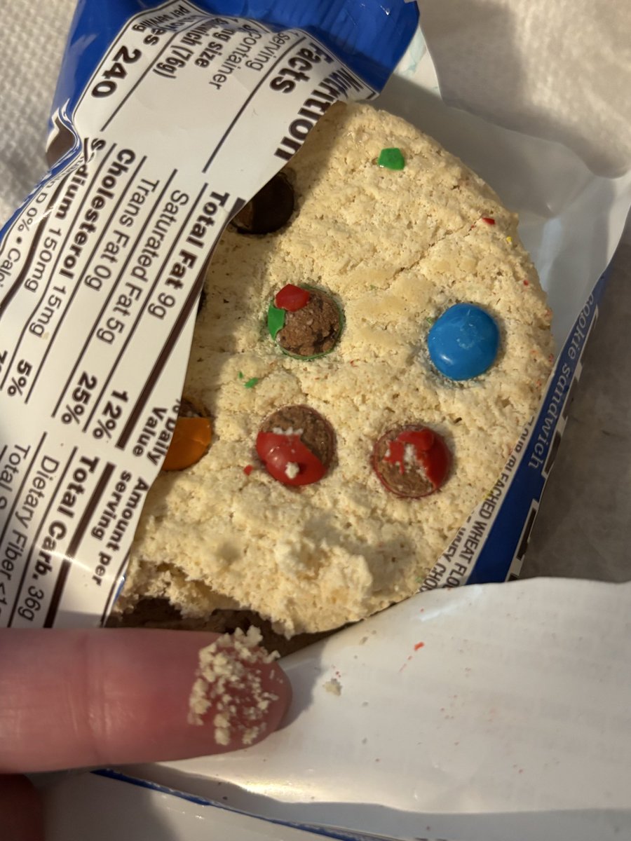 vicallister's tweet photo. @mmschocolate HOW is it even possible to get a box of these cookie sandwiches and receive cookies that aren’t fully cooked?? They’re pressed together but they literally feel like sand when you touch them….? They disintegrate! I’ve bought these before so I know it’s not normal. https://t.co/8KlOV6iECI