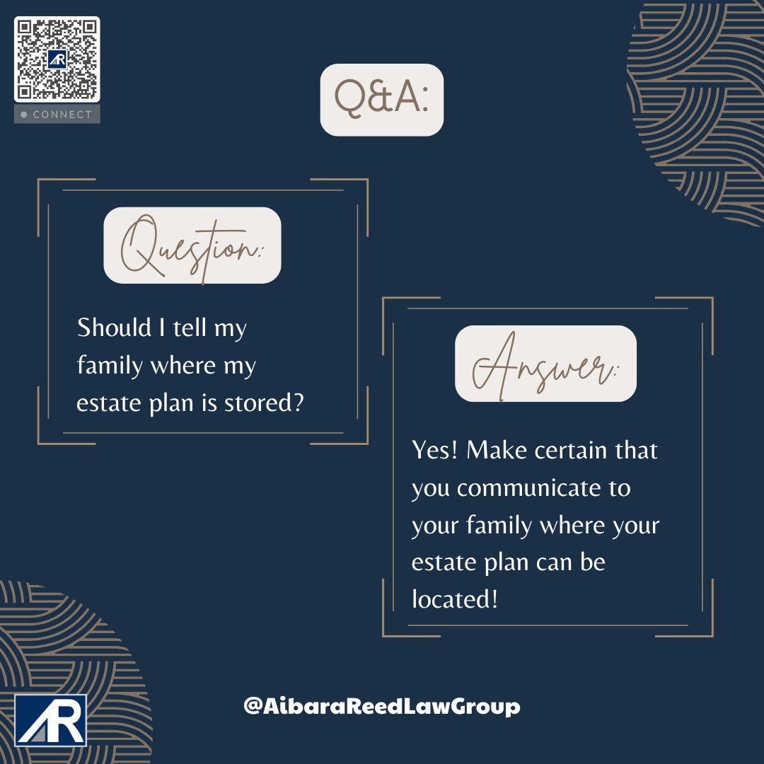 AibaraReed's tweet photo. Should your family know where your estate plan is stored? ๐ Absolutely! ๐๏ธ Knowing where to find these important documents can save time, reduce stress, and help ensure your wishes are honored. ๐ Plan ahead. ๐ฒ Scan the QR code to stay connected. #PlanAhead #EstatePlanning https://t.co/oHAQmjlV7e