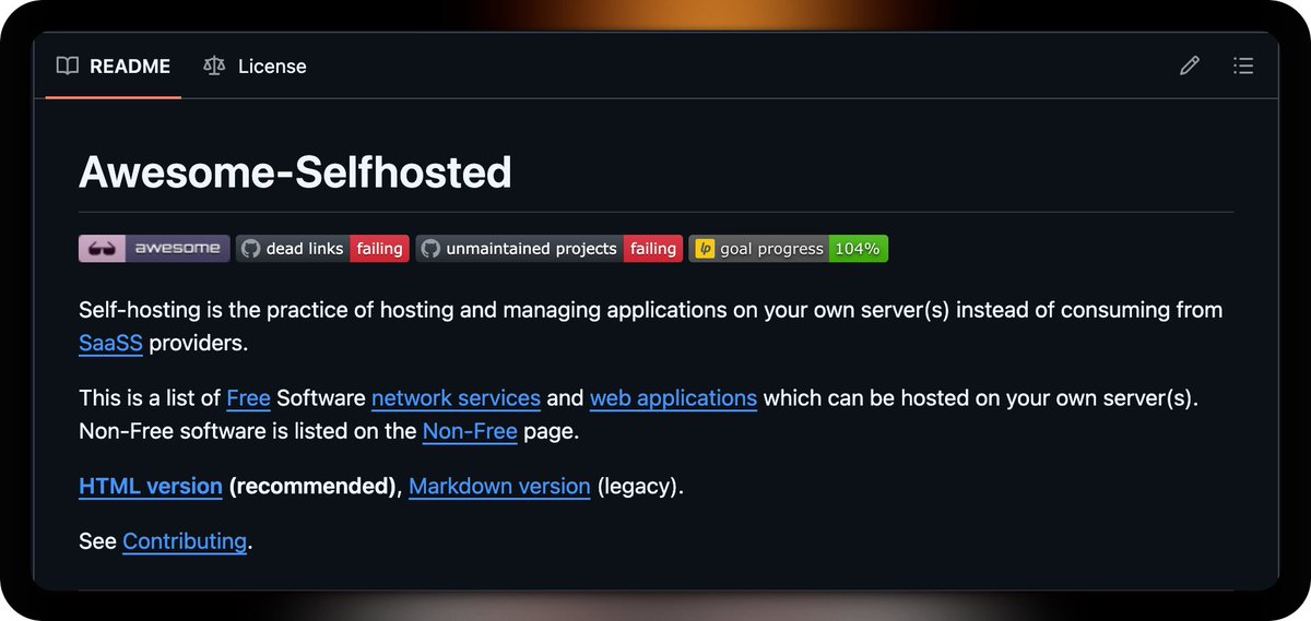GithubProjects's tweet photo. Awesome-Selfhosted is a curated index of free, open-source software you can run on your own servers instead of relying on third-party services.

- Covers analytics, backup, communication, CRM, and more
- Lists only Free Software as defined by the GNU project
- Includes both network services and web applications
- Maintained with automated checks for dead links and unmaintained projects

Explore it here:
https://t.co/rK6x8rNzQb
