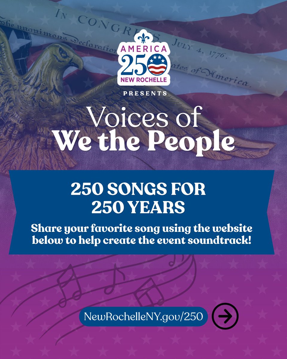 NewRochelleNY's tweet photo. Join us for Voices of We the People! 🎶 Plus, tomorrow is the final day to submit your song for the 250 Songs for 250 Years Soundtrack! Selected songs will be featured during the event. Learn more and submit your entry at https://t.co/MK1nlSeaty. https://t.co/IGHlKD2nEr