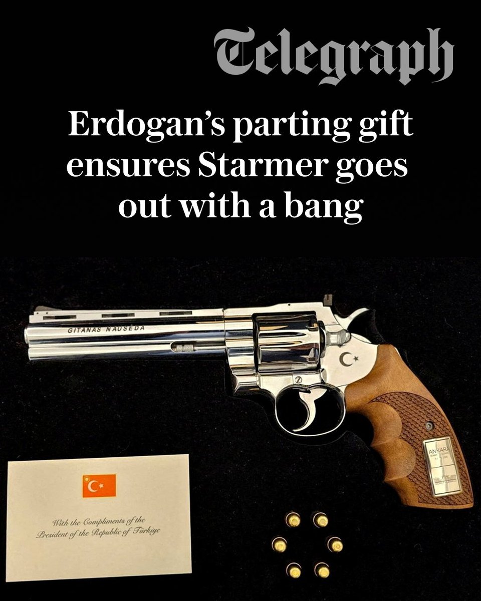 Telegraph's tweet photo. The Turkish president gave a revolver to every Nato leader, but UK gun laws mean Keir Starmer had to leave his behind

🔗: https://t.co/TGdSNtjhQe https://t.co/wvcqZUFwju