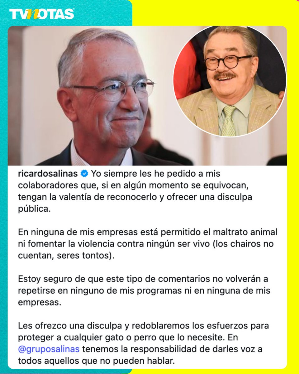 TVNotasmx's tweet photo. 🚨 ¡RICARDO SALINAS PLIEGO ROMPE EL SILENCIO!

Tras la controversia por los comentarios de Pedro Sola, Ricardo Salinas Pliego se pronunció públicamente, dejó clara la postura de sus empresas frente al respeto por los animales y reafirmó su compromiso con su protección, además de ofrecer una disculpa al público.