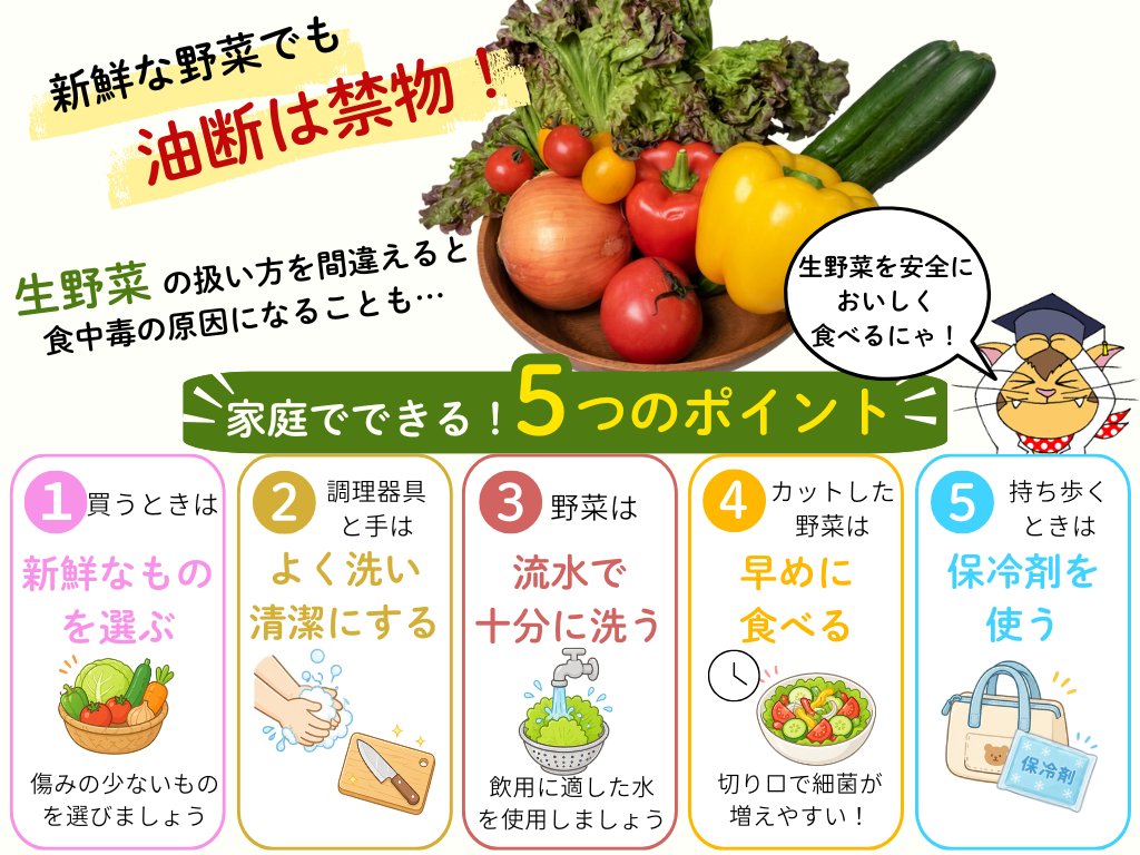 MAFF_JAPAN's tweet photo. #夏野菜 が美味しい季節になりました🍅🥒
新鮮でみずみずしい野菜でも、食中毒になること、あるんです。

☑飲み水として適した流水でしっかり洗う！
☑調理の前後、食事前の手洗いも忘れずに！
油断は禁物⚠
安全に美味しく食べる５つのポイント、ぜひチェックしてください👇
https://t.co/fyIelmhTNL https://t.co/MOxOyea3GR