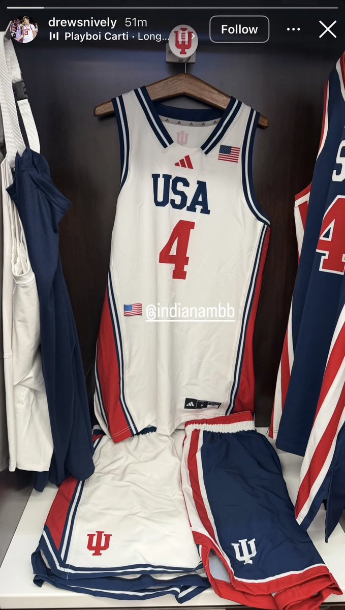 ColinMcMahon31's tweet photo. First look at the uniforms that Indiana will be wearing during their Peru exhibition trip, representing the United States at the FISU America Games.

#iubb has USA across the chest, with red white and blue accents to go along with the ‘Hoosier bold’ font. IU logos on the shirts and back collar as well.