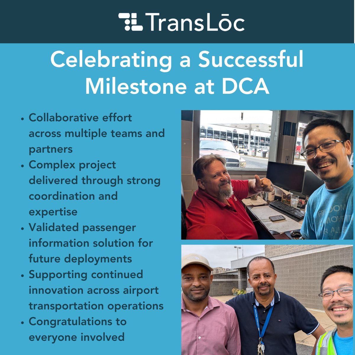 TransLoc's tweet photo. A great milestone and an even better example of teamwork. A huge thank you to our partners supporting DCA for helping make this milestone possible.

#TransLoc #TransitTechnology #AirportTransit #Teamwork https://t.co/bSf0LenuKu