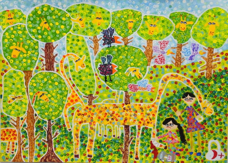 Boudicca61AD's tweet photo. Series of Incredible paintings by Iranian school-girls from different parts of Iran. I'l be posting all of them over the next couple of weeks.

Selen Arami 7yrs old - Planet Earth, Eco Together Theme.

Selen’s painting entitled “Friendship between Man, Animals and Nature” shows people looking after an injured giraffe together. 

The painting is filled with her beautiful thoughtfulness and adoration for nature.  Her painting is full of life, embodying her strong wish for an ideal world and her hopes for the future. Giraffes are peeking through the trees, and it makes us realize that she is seeing plants and animals as equal creatures. Meanwhile, the giraffes’ faces look as if they are keeping a certain distance from the humans, perhaps suggesting that nature and animals are testing humans to see if we are on their side. 
MAGNIFIQUE❣️