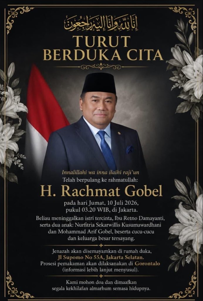 msaid_didu's tweet photo. Innalillahi wa Inna ilaihi rojiun.
Turut berduka cita sedalam-dalamnya atas wafatnya Bapak Dr. Rachmat Gobel - mantan Menteri Perdagangan 2014-2015. 
Semoga almarhum husnul khotimah dan keluarga yang ditinggalkan diberikan ketabahan.
Alfatihah buat almarhum. https://t.co/VGHn8uvqTf