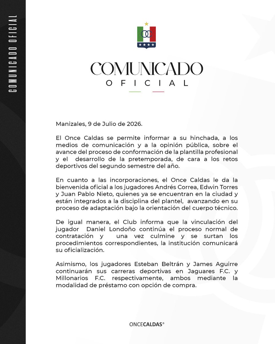oncecaldas's tweet photo. 📢 COMUNICADO OFICIAL 📢 https://t.co/yNIiyiuXqE