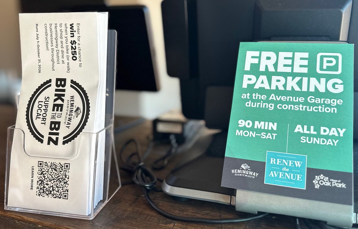vopnews's tweet photo. Supporting local Hemingway District businesses by participating in the Bike to the Biz campaign! Shop and eat during the 2026 reconstruction of #OakPark Avenue, save your receipts and enter to win monthly drawings for $250 in Biker Bucks! More info: https://t.co/nBmK69Vwc5 https://t.co/4VDGfXuZYa