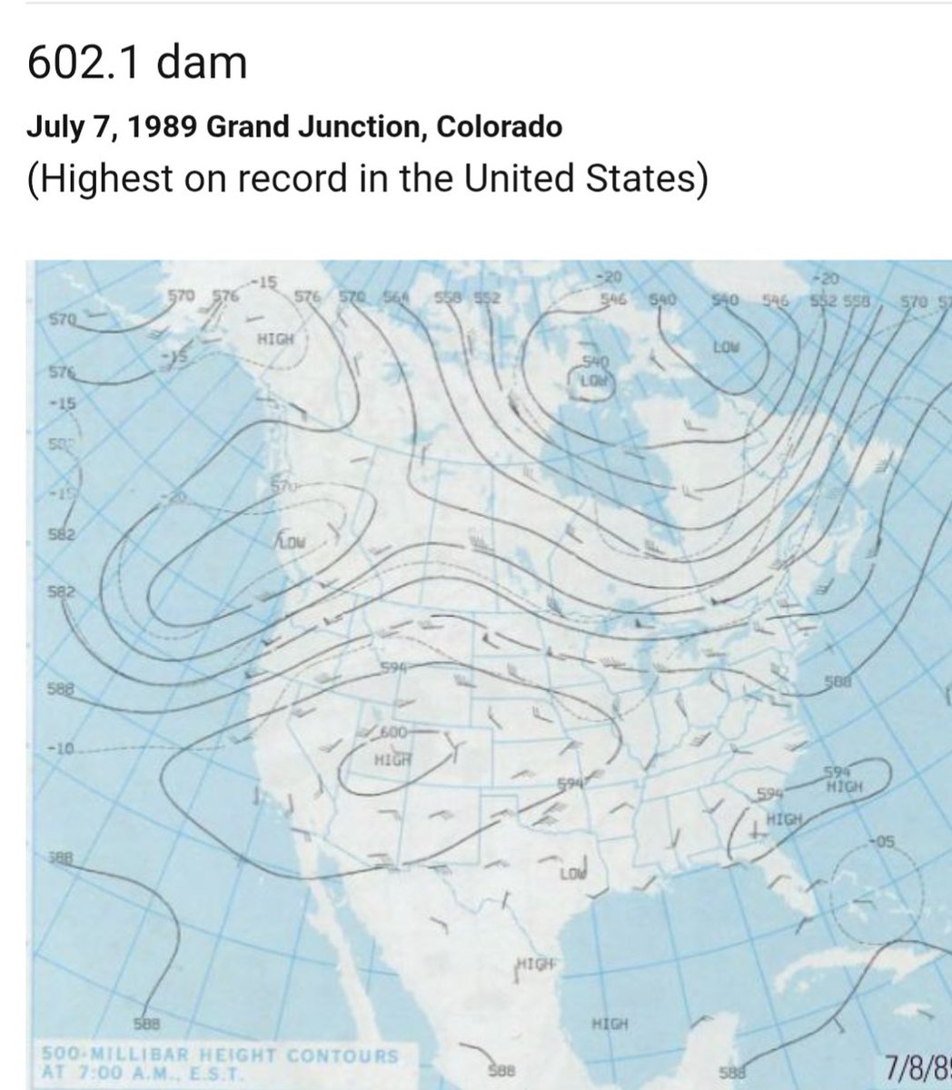 MarkSpitzer0484's tweet photo. @WeatherProf The latest GFS 500 millibar geopotential height forecast doesn't even have the heights tieing a record, let alone even "shattering" it. The previous record is 6020 meters from 1989, shown on the left. The forecast for this weekend will be between 5940 and 6000 meters. https://t.co/ULFGNSLD5A