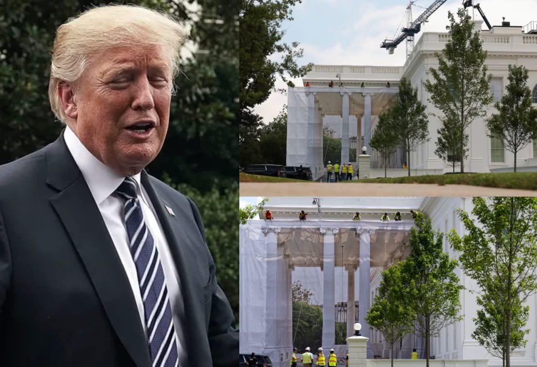 OccupyDemocrats's tweet photo. BREAKING: HIDE IN SHAME! Trump hangs up tacky tarps with photos to camouflage his new column "renovations" at the White House — and they aren't fooling anyone.

It's the Kennedy Center all over again...

Pictures of construction workers hanging up the tarps, which feature images of the columns, are spreading like wildfire on social media. They erected scaffolding around the North Portico last month and are now moving forward with the President's latest vanity project.

A White House official insisted that the undertaking is just "standard restoration" but by now we know better than to believe a single word uttered by this pathologically dishonest administration. In fact, Trump himself has admitted that he prefers a more ornate style of pillars (read: gaudy, ugly, and tasteless). If this turns out to be a simple renovation, we'll eat our hat.

Don't be surprised if, when those tarps come down, the columns have been spray-painted gold with tacky trim glued on. Just look at what Trump has done to the Oval Office. His awful aesthetics are creeping like a plague through the entire building.

This column fiasco is just one part of Trump's larger egomaniacal obsession with leaving a physical legacy behind since he has no achievements to his name. It's why he's building his ballroom with our tax dollars, why he tried (and failed) to renovate the Reflecting Pool, and why he attempted (in vain) to rebrand the Kennedy Center. He's terrified of his own mortality.

Please like and share to demand that the courts stop these renovations!