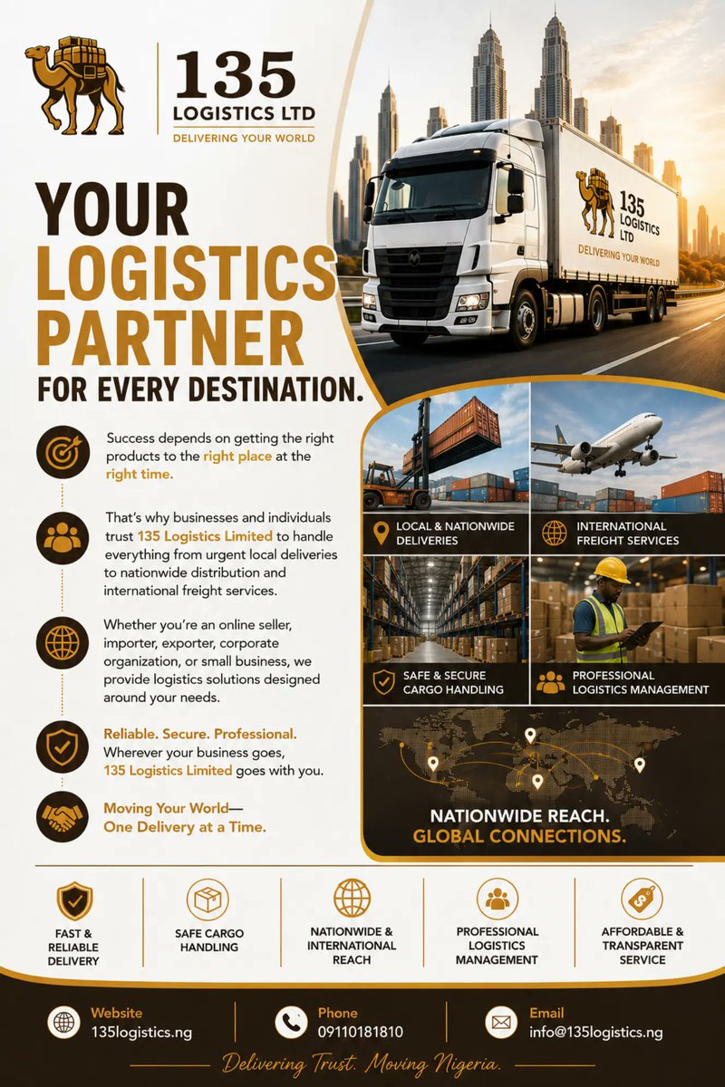 One35_move_ltd's tweet photo. WHEN YOUR LOGISTICS PARTNER IS RELIABLE, YOUR BUSINESS HAS NO LIMITS.

Growth depends on consistency, and consistency begins with dependable logistics. : RC: 9259710 https://t.co/hk403phego