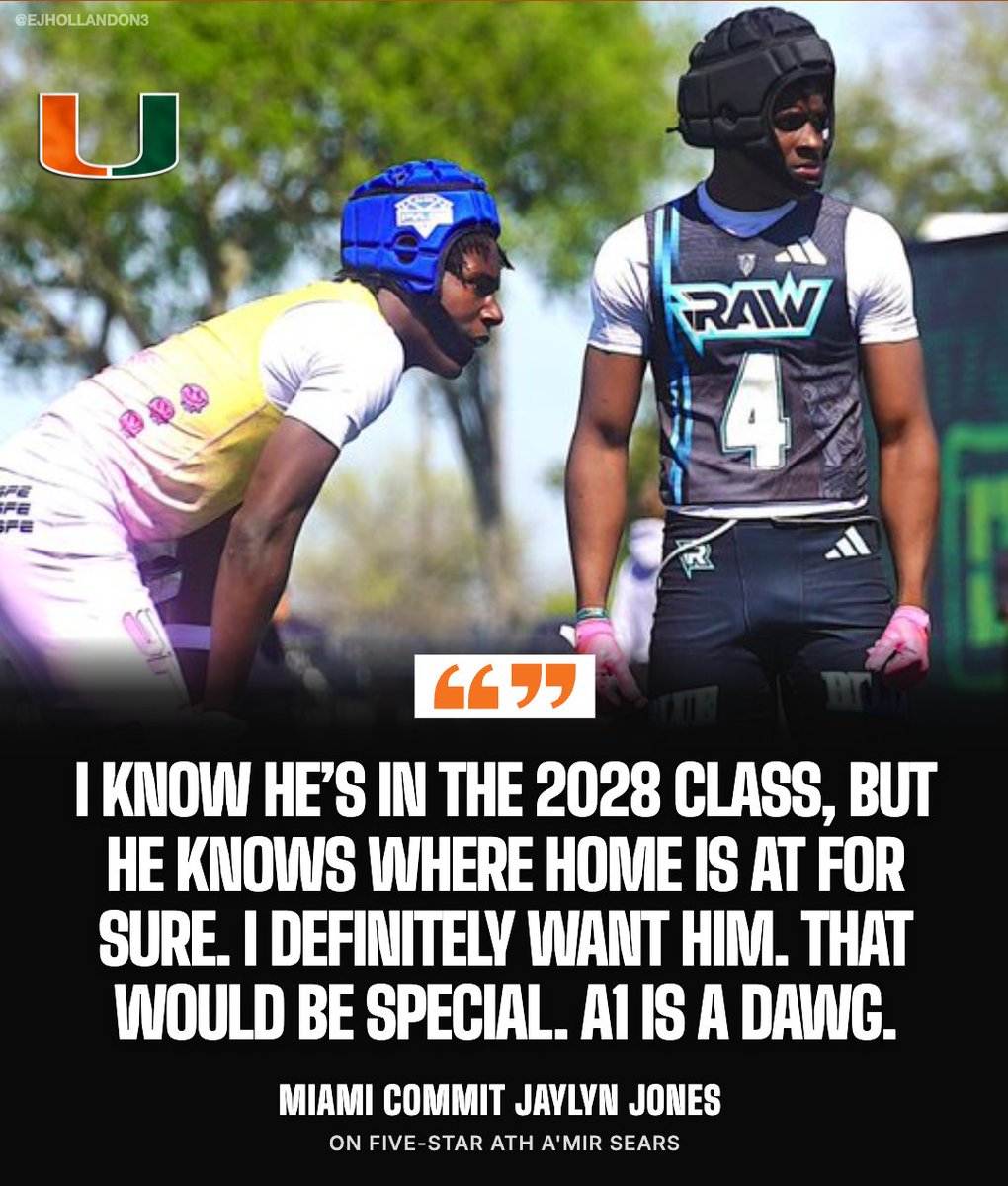 EJHollandOn3's tweet photo. A1 🤝 J4

Four-star Miami DB commit Jaylyn Jones (@jj0nes4_) wants five-star ATH A'mir Sears (@amirsears1_) at The U. Hurricanes have the early lead on the Rivals RPM 👀 #GoCanes. https://t.co/38MkkxohTd https://t.co/czmTJt4F4u