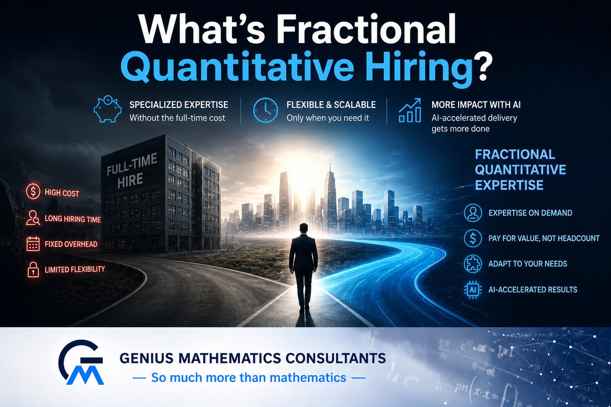 GeniusMConsult's tweet photo. What's fractional hiring? It's what you do when you could use specialized quantitative modelling and coding expertise, but can't justify the expense of a fulltime hire.

Fractional hiring allows smaller or less specialized firms and teams to tap into specialized expertise in an affordable and flexible way.

And with the efficiency gains of AI, a lot more can be achieved by fractional staff than was possible previously.

To learn more about how our fractional quantitative consulting service could work for your team, drop us a message today.

https://t.co/R5l75KAXGD