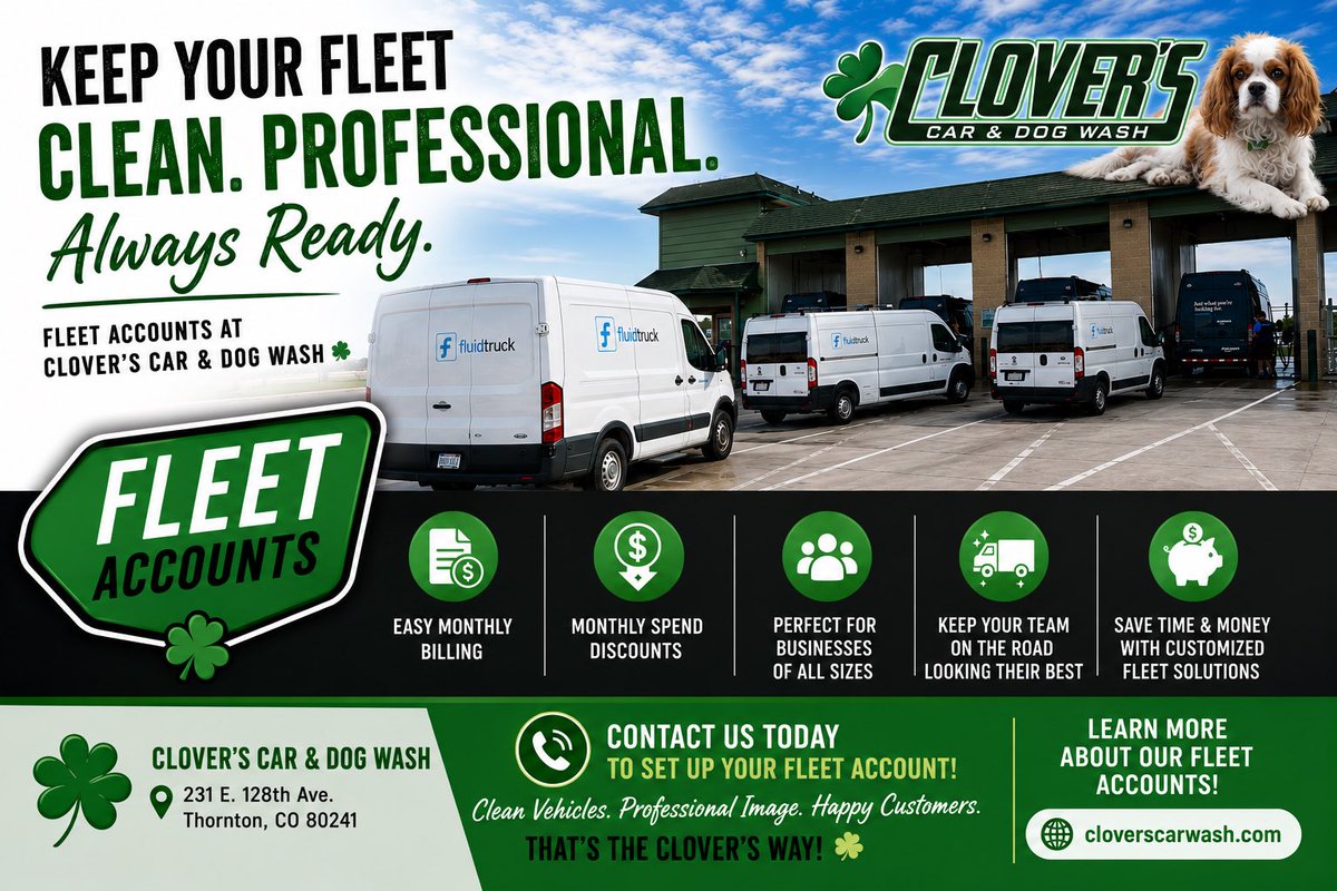 CarClover's tweet photo. Keep Your Fleet Looking Professional with Clover’s Fleet Accounts!

At Clover’s Car & Dog Wash, we know your vehicles represent your business. That’s why we offer convenient and affordable Fleet Account Programs designed to keep your company cars, trucks, vans, and service vehicles clean and looking their best.

✅ Easy monthly billing
✅ Monthly Spend Discounts
✅ Perfect for businesses of all sizes
✅ Keep your team on the road in clean, professional vehicles
✅ Save time and money with customized fleet solutions

Whether you have a few vehicles or an entire fleet, we can create a program that fits your business needs.

📍 Clover’s Car & Dog Wash
231 E. 128th Ave.
Thornton, CO 80241

🌐 Learn more: https://t.co/vgsJLWZK35

📞 Contact us today to set up your Fleet Account and discover how easy it is to keep your business shining!

☘️ Clean Vehicles. Professional Image. Happy Customers. That’s the Clover’s way!

#CloversCarWash #FleetAccounts #ThorntonCO #BusinessFleet #CompanyVehicles #SmallBusiness #ColoradoBusiness #FleetManagement #UnlimitedWashClub #KeepItClean