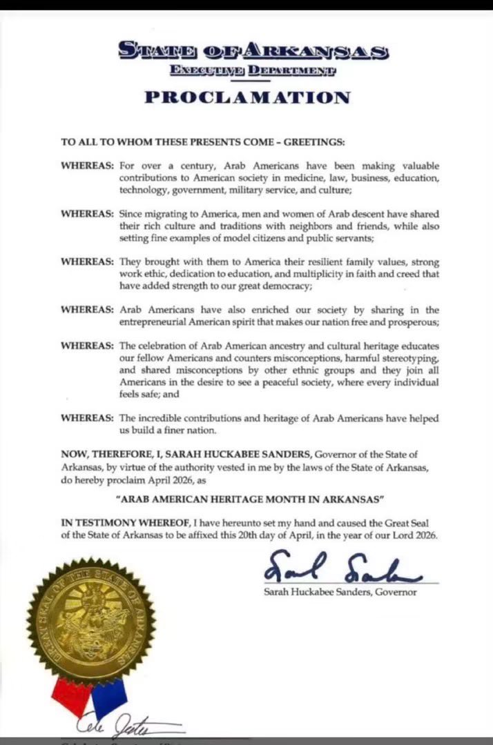 MAGA__Patriot's tweet photo. REPORT: 🛑RED STATE ALERT: ARKANSAS IS FALLING - WHY DID THEY OFFICIALLY SURRENDER

This is what “Arab American Heritage Month” looks like in a deep red state.

On April 20, 2026, Governor Sarah Huckabee Sanders issued an official proclamation declaring the entire month of April 2026 as “ARAB AMERICAN HERITAGE MONTH IN ARKANSAS.”

The document glows with praise: “valuable contributions,” “rich culture and traditions,” “resilient family values,” “model citizens,” “entrepreneurial spirit,” and how it “educates our fellow Americans and counters misconceptions.”

Meanwhile, in Little Rock, the Islamization we exposed just weeks ago is accelerating at full speed:

War Memorial Stadium, once the heart of Arkansas Friday night football, was conquered on March 20, 2026, for thousands of Muslims performing mass Eid al-Fitr prayers on the 50-yard line. 

Prayer rugs replaced the gridiron. Mayor Frank Scott Jr. stood front and center.

Churches are being bought and converted into Islamic centers and campuses.

The Islamic Center of Little Rock is building a massive new mega-mosque and a full-time Al-Huda Academy (with a gym, pool, and athletic fields), opening in 2026–2027.

Arkansas kids are being shipped to Yasir Qadhi’s controversial EPIC Sharia hub in Texas.

Schools are celebrating World Hijab Day and hosting Islamic prayers.

Voter registration drives are happening right after Jummah prayers at the mosques - the Red-Green Axis in action.

And the crown jewel: the city-approved “New Africa” Sharia residential enclave - 22 homes, multiple mosques, Islamic school and clinic, with every buyer forced to sign an enforceable Quranic “Bill of Assurance” (no alcohol, strict moral codes, mosque-controlled HOA in perpetuity).

This proclamation is an official state endorsement of the same movement turning football fields into mosques, churches into Islamic centers, and neighborhoods into Sharia enclaves, all while demanding special recognition and protections.

Red states aren’t being “enriched.”

They are being Arabized and Islamized, one smiling proclamation, one pandering photo-op, one parallel society at a time.

Governor Sanders: Rescind this now.

Arkansans: How much more of your state are you willing to hand over before you push back?

Wake up, Little Rock.
Wake up, Arkansas.
Wake up, America.

This is how red states are falling!

—> this report was issued by @amymek on X. Her RAIR FOUNDATION covers stories msm will not.