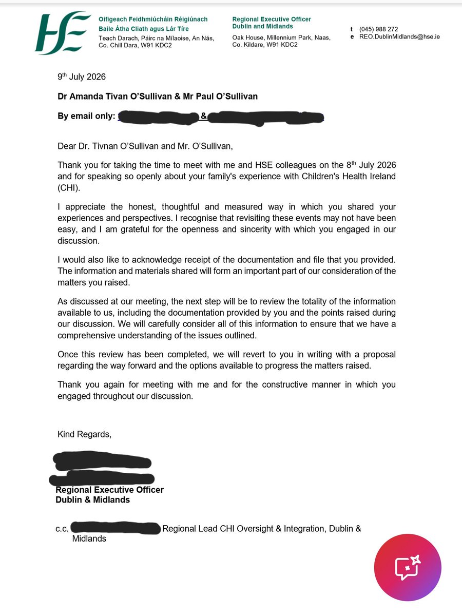 tivnana's tweet photo. Yesterday we had a meeting with the HSE.

We did it and I have been in burnout since about 3am. 

For the first time ever it was commented "that surgery could have been avoided".

Hse General manager for the REO(Regional executive officer), the REO for our area and the HSE lead coordinator over CHI. 

Shocked at what we have had to go through and what no other parents could. 

I don't know why, as people have been telling them what CHI are like...but I suspect that they get handed the usual BS that we are all been given by CHI senior management.

We asked for:

Plan to investigate fully like it should have been done for Analla, all of our compliant according to all HSE frameworks and protocols. 

For ALL parents to have a place at the table in the serious incident investigative processes, be it CHI or HSE going forward. And if the parent can't manage that....then a representative that gives the child AND parents a voice. 

For hEDS kids to have coordinated care and PROactive appointments- not just a review, call you hypermobile and discharge to the community physiotherapy service. Thats it.

They couldnt believe I was the one having to coordinate the kids care and the extent of what I have to do for them both, nevermind me.

For Scoliosis surgery kids to have much more follow up. Physio, ot, psychology, neurology, gastroenterology, cardiology, respiratory and rehabilitation supports. 

The fact that no post surgery respiratory or cardiology assessments are done was a shock.

As one attendee even said 'complex surgeries wouldn't happen if there was proactive early care', like we have been doing with Braoc. 

They were receptive, held accountability thats there'd been massive failures and apologetic.  

Asking if she needed more surgery, CAMHS or HSE supports.

I hoped we have made a change for others....and this evening...out of the blue I got this email. 

Is it possible that I might have made a difference? That Anallas experiences will stop happening?  Only actions will tell....not words