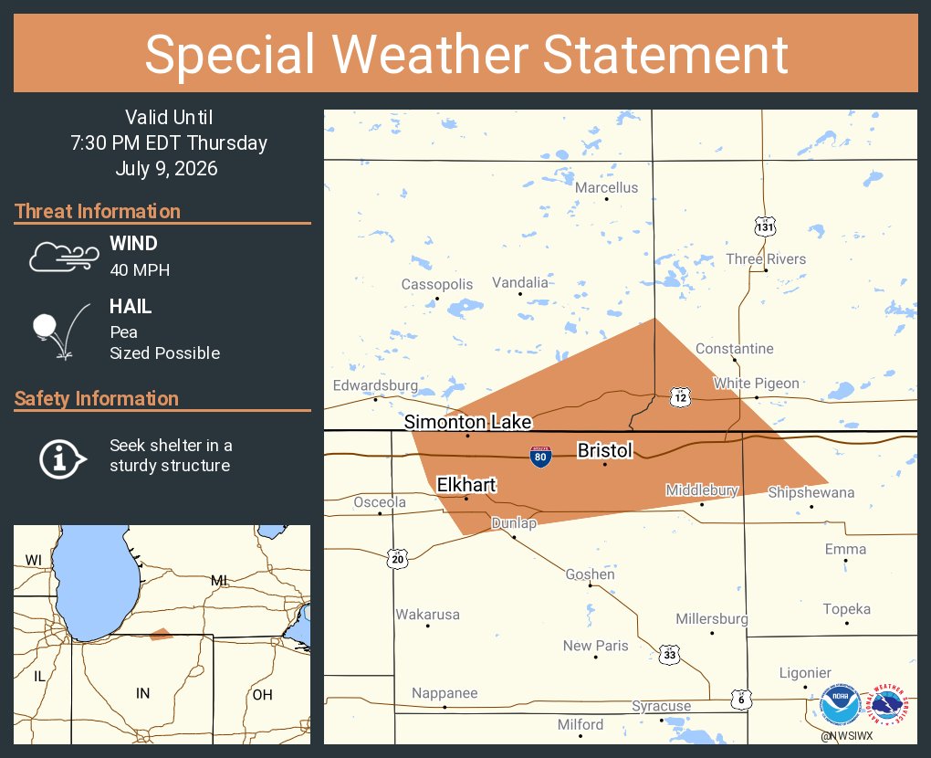 NWSIWX's tweet photo. A special weather statement has been issued for Elkhart IN, Simonton Lake IN and  Bristol IN until 7:30 PM EDT https://t.co/b00VcHwTFl
