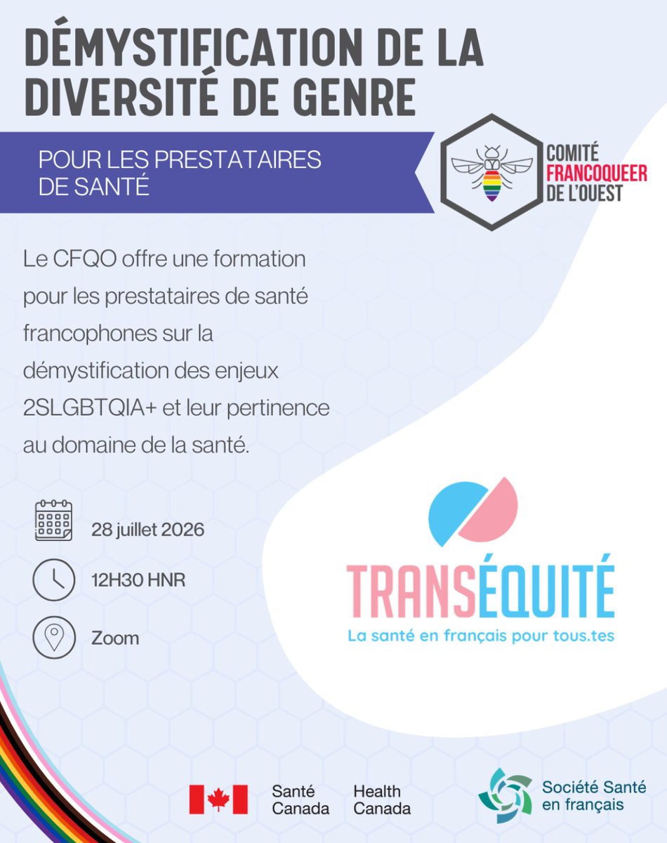 rsaAlberta's tweet photo. Le CFQO offre aux professionnels de la santé un atelier sur La démystification de la diversité de genre.
Date: 28 juillet 2026
Heure: 12h30 HNR
https://t.co/CGg5KISTdw
#santé #Francophonie #TransÉquité #queer #trans #FRCB #FRAB #genre #demystification #professionnels #santementale #frab #francophonie #soins #transequite #diversite #2SLGBTQIA @CFQO_AB