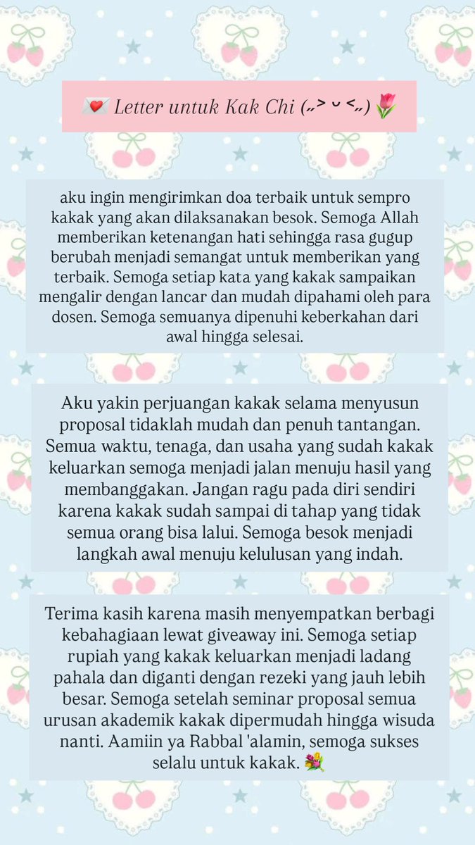 okumuraze's tweet photo. @worldchi2_ Semoga sempro kakak tanggal 10 Juli berjalan lancar, dimudahkan menjawab setiap pertanyaan, diberi ketenangan, serta dipertemukan dengan dosen penguji yang baik, bismillah hasil terbaik menanti kakak. I'm rooting for you, kak! 🌷 GOOD LUCK KAK YOU CAN DO IT! 🙆🏻‍♀️🩵 https://t.co/niQNYlAozL