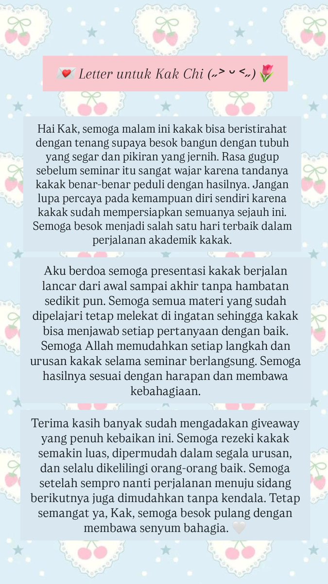 okumuraze's tweet photo. @worldchi2_ Semoga sempro kakak tanggal 10 Juli berjalan lancar, dimudahkan menjawab setiap pertanyaan, diberi ketenangan, serta dipertemukan dengan dosen penguji yang baik, bismillah hasil terbaik menanti kakak. I'm rooting for you, kak! 🌷 GOOD LUCK KAK YOU CAN DO IT! 🙆🏻‍♀️🩵 https://t.co/niQNYlAozL