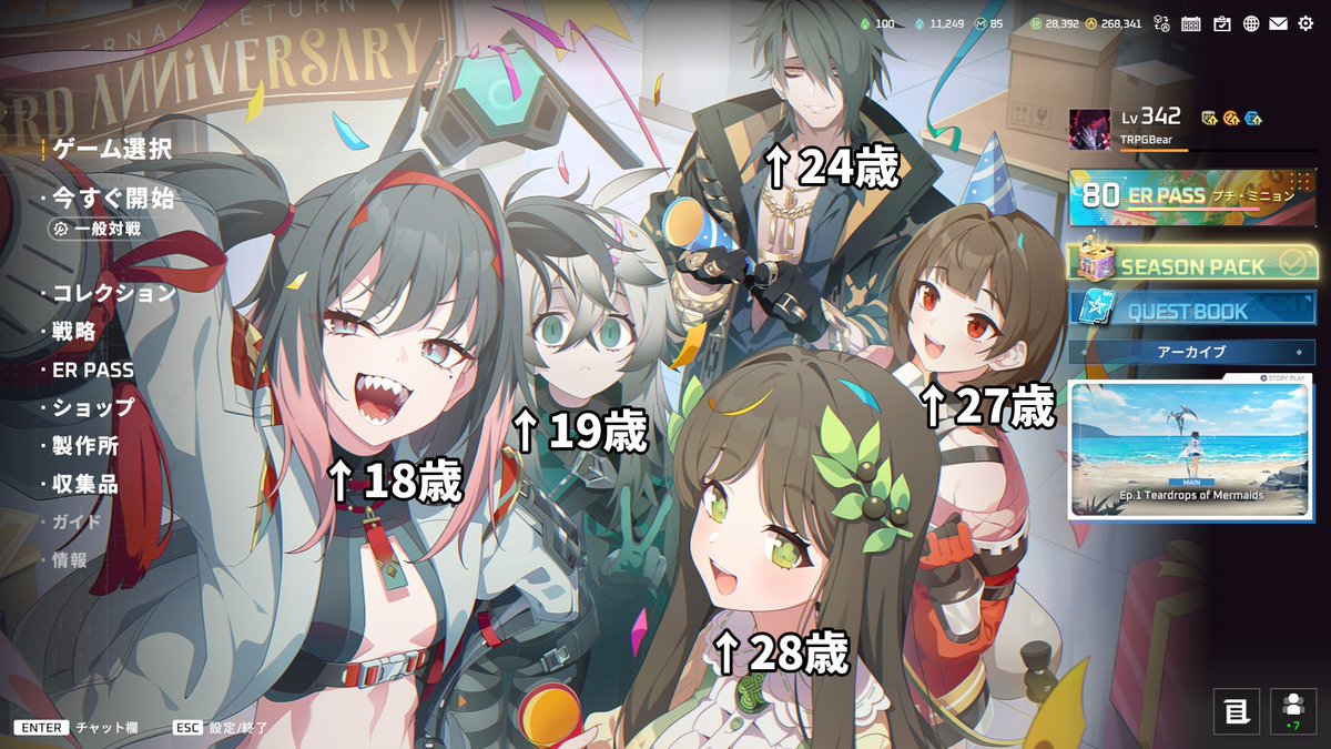 trpgbear's tweet photo. エタリタの3周年お祝いロビー画面めっちゃ良いんだけど、冷静に考えると左右の女性陣が一回り年齢違うの頭バグるな
「奥の目つき悪い人が保護者枠の最年長じゃないのかよ」ってなる https://t.co/1jsCg9MO7c