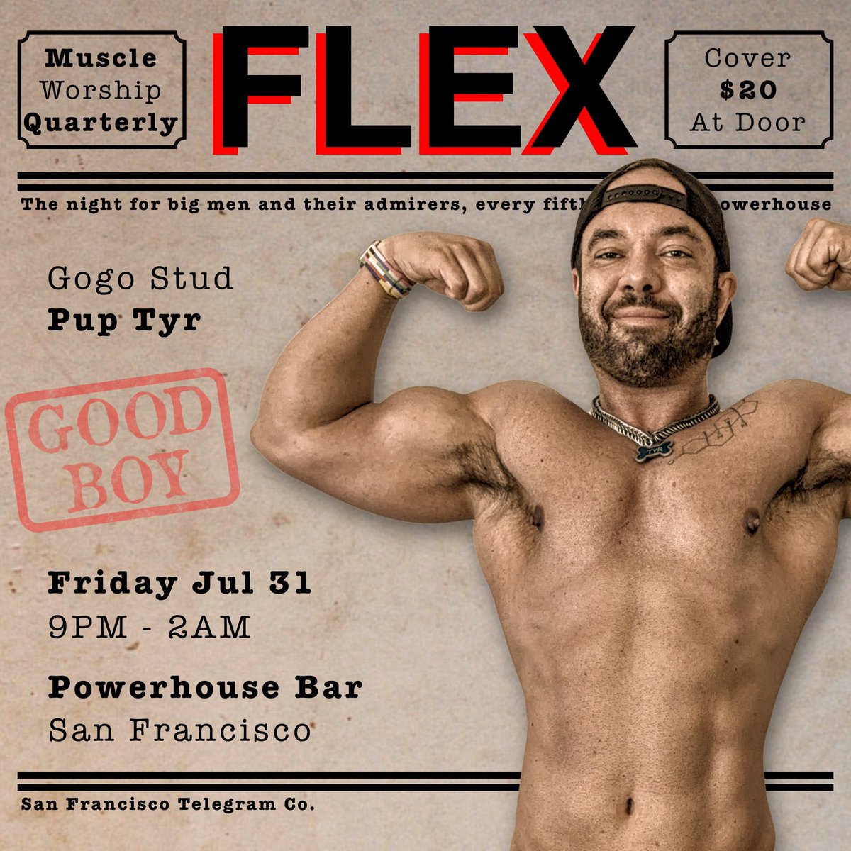 FlexPartySF's tweet photo. FLEX returns to @sfPOWERHOUSE Friday July 31st. Get pumped for this meaty crew of muscle studs, flexing for your entrainment. #muscleworship #flexforme #flexpartysf #gaybodybuilder #gaymuscle https://t.co/GdyBEjLdmz