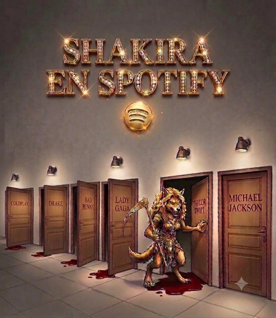 Shakifanatico's tweet photo. Puerta por puerta, récord por récord. 🚪🩸 

Ni latinos, ni anglos, detienen el instinto de la loba. Con el éxito de 'Dai Dai', @shakira demuestra por qué sigue siendo la reina indiscutible.

 ¿Quién sigue? 🐺🎧 

Será que se apiade del Rey del Pop?

No lo creo 🤔 https://t.co/PM9aZXBJPw