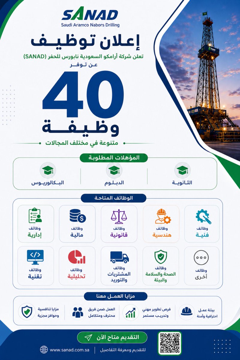jobsforsaudis's tweet photo. (🟥) شركة سند أرامكو السعودية نابورس للحفر (SANAD)، المشروع المشترك بين أرامكو السعودية وشركة نابورس، تُعلن عبر موقعها الرسمي (بوابة التوظيف) عن عدد من الفرص الوظيفية الشاغرة للرجال والنساء .

المجالات :- الإدارية والهندسية والفنية والتقنية، وأخرى .

◀️ التفاصيل : https://t.co/xWcg78MGwT
