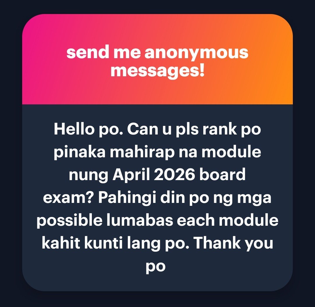 itsladynics's tweet photo. Ranking from hardest to easiest: 

> M2 - Dito ako pinaka nahirapan as in. Yung Menten na akala namin hindi high yield, biglang lumabas nung April eh ang daming questions tegarding dun. Tapos may mga unfamiliar sa akin like "?" yung utak ko + https://t.co/KCp9xTVj5K