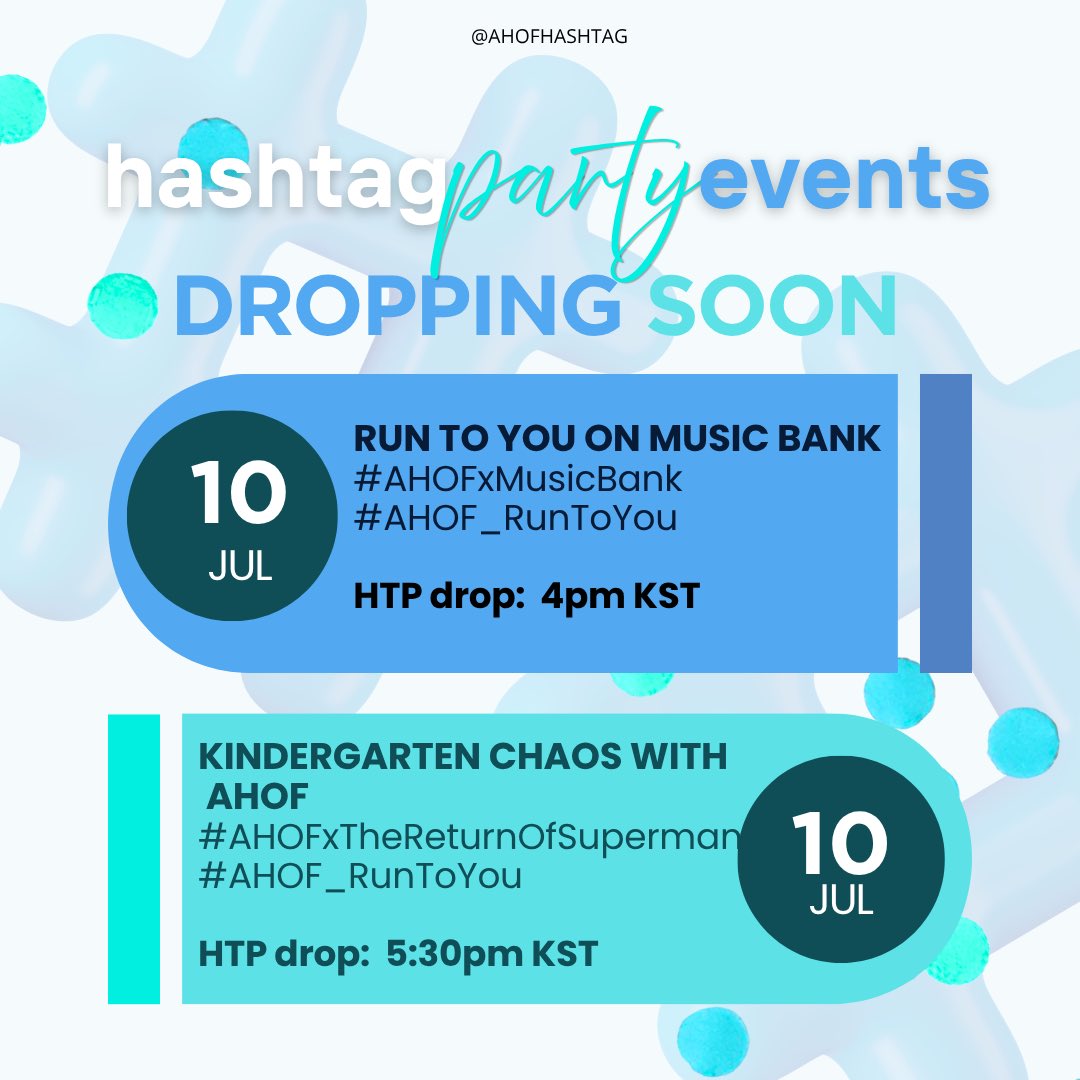 ahofhashtag's tweet photo. 📌 HASHTAG PARTY REMINDERS

Events:

* AHOF on Music Bank
Broadcast date: July 10th (Fri) / 5:15 PM [KST]
Htp drop:  4pm KST

* AHOF on The Return of Superman "Idols Who Went to Kindergarten"
Broadcast date: July 10th (Fri) / 6:30 PM [KST]
Drop time: 5:30pm KST

Please follow our schedule drops. 
Do not use our tags prior to scheduled hashtag party

#AHOF  #아홉