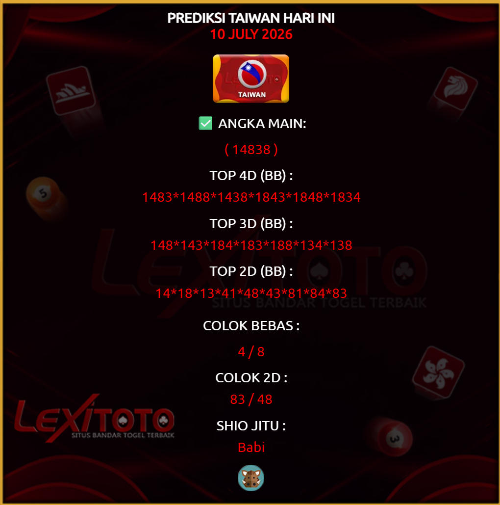 lexitoto_'s tweet photo. Prediksi Taiwan 10 Juli 2026

Link Join : https://t.co/is3EJqP77E

lexitoto
#prediksi #prediksihk #prediksisgp #prediksisydney #prediksicambodia #prediksitaiwan #prediksijapan #prediksichina #prediksitop #prediksijitu #prediksihariini #syairtogel #pastibayar #lexitoto https://t.co/t7N9o4KebS