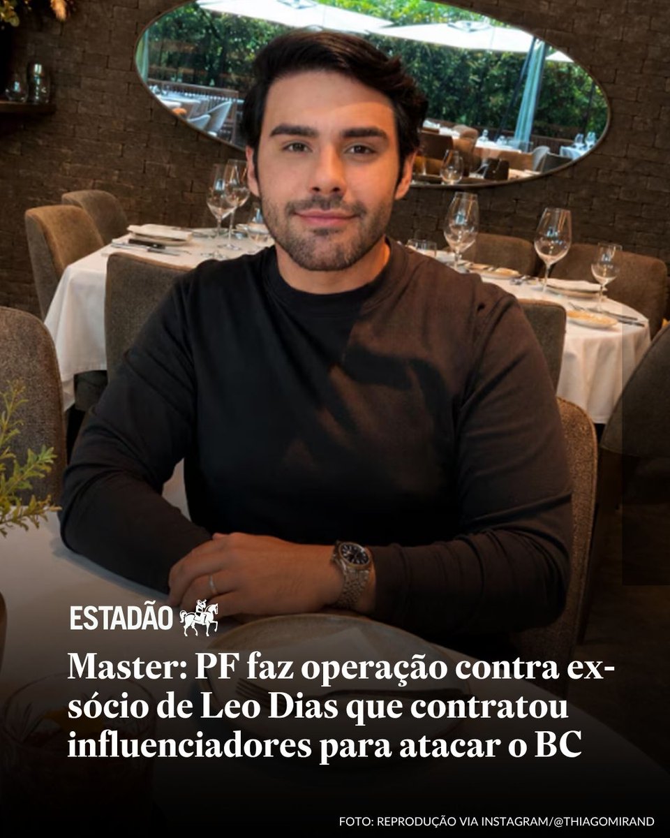 Estadao's tweet photo. MASTER | A Polícia Federal realiza busca e apreensão nesta quinta-feira, 9, na residência do publicitário Thiago Miranda, ex-sócio de Leo Dias e dono de uma agência que contratou influenciadores para realizar ataques ao Banco Central e ações contra jornalistas. A PF identificou que Miranda era o intermediário entre o dono do Banco Master, Daniel Vorcaro, e a ação dos influenciadores contra o BC após a liquidação do seu banco.

Em nota, a defesa de Thiago Miranda afirmou que refuta “de forma categória, a prática de qualquer ilegalidade por seu constituinte” e que ele não praticou “qualquer ato criminoso”. Confira a reportagem no Estadão.