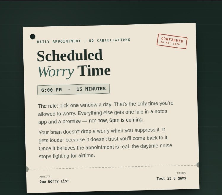 Aeth_ro's tweet photo. I used to roll my eyes at “scheduled worry time” until I actually tried it for eight days.
The rule is stupid simple: pick 15-20 minutes, same time every day, and that’s the only window you’re allowed to worry in. 

Anything that comes up outside that window gets one line in a notes app and a mental “not now, 6pm is coming.”
Sounds backwards. Everything else says stop worrying, this says do it on purpose, just later. 

That’s exactly why most people never try it, the framing feels wrong before you’ve tested it.
What actually happens: your brain doesn’t drop a worry when you suppress it, it just gets louder because it doesn’t trust you’ll come back to it. 

Once it believes the 6pm appointment is real, which takes maybe a week, the daytime intrusions basically stop fighting for airtime. And half of what’s on the list by 6pm looks small once it’s written down instead of looped in your head.

It’s not therapy, it’s just a scheduling trick that respects how anxiety actually works instead of trying to out-willpower it.
If you’ve got a friend who keeps ignoring good advice, this is the one that’s cheap enough to just test before they argue about it.

Found the discipline to actually sit down and write this out through @RallyOnChain, good push to turn a loose idea into something real.