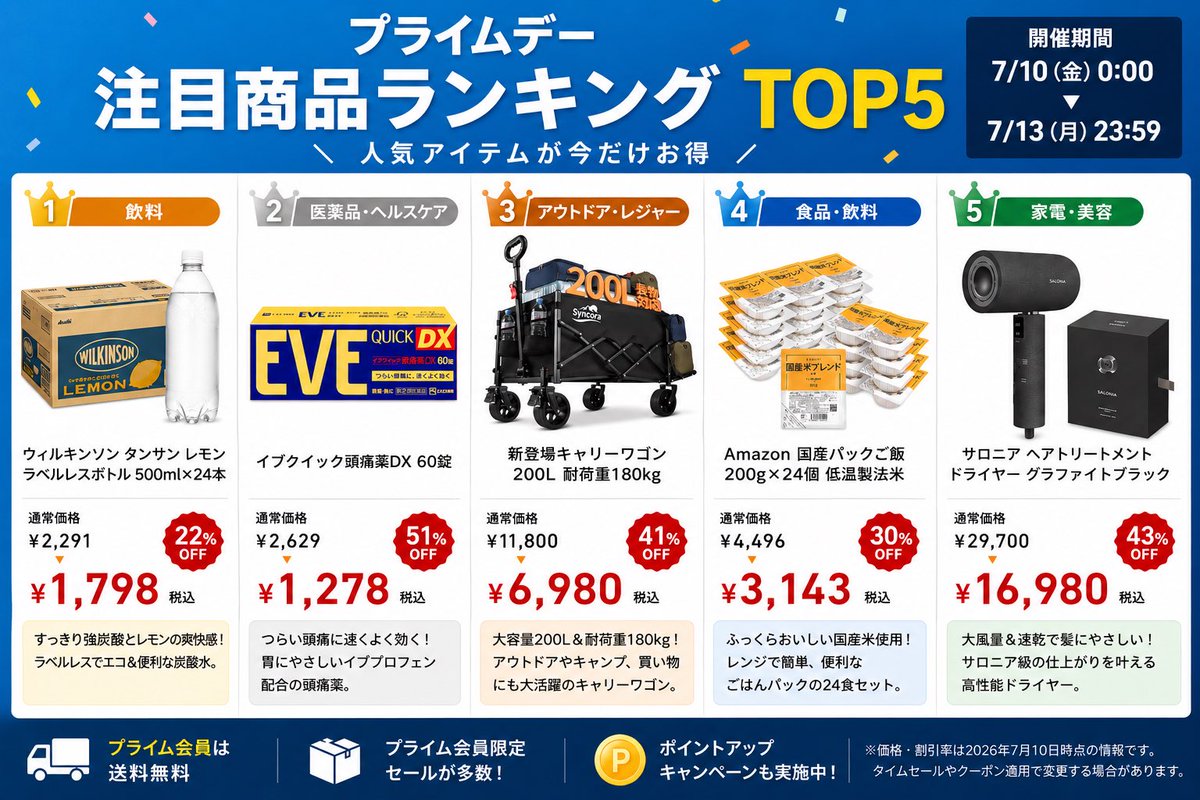 kenchannel07's tweet photo. 🎉 AmazonプライムデーSALE開催中！

年に一度のビッグセールがスタート✨

人気商品や大幅値下げ中のアイテムの中から、今おすすめしたい注目商品をピックアップしました🛍️

お買い物の参考に、ぜひ最後までチェックしてみてください😊

《プライムデーSALE会場》
🏠https://t.co/lQfaeVjHq2

【PR】 https://t.co/DWNFVTWOEI