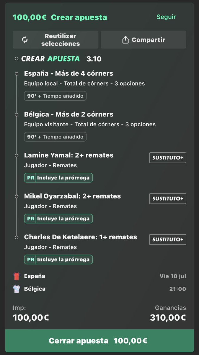 lowstkzzbet's tweet photo. 100€ —> 310€
España vs Belgica

#mundial #apuestas #cuota #pronostico #bet #apuestadeportiva #combinada #españa #belgica https://t.co/6WCaHBv44L